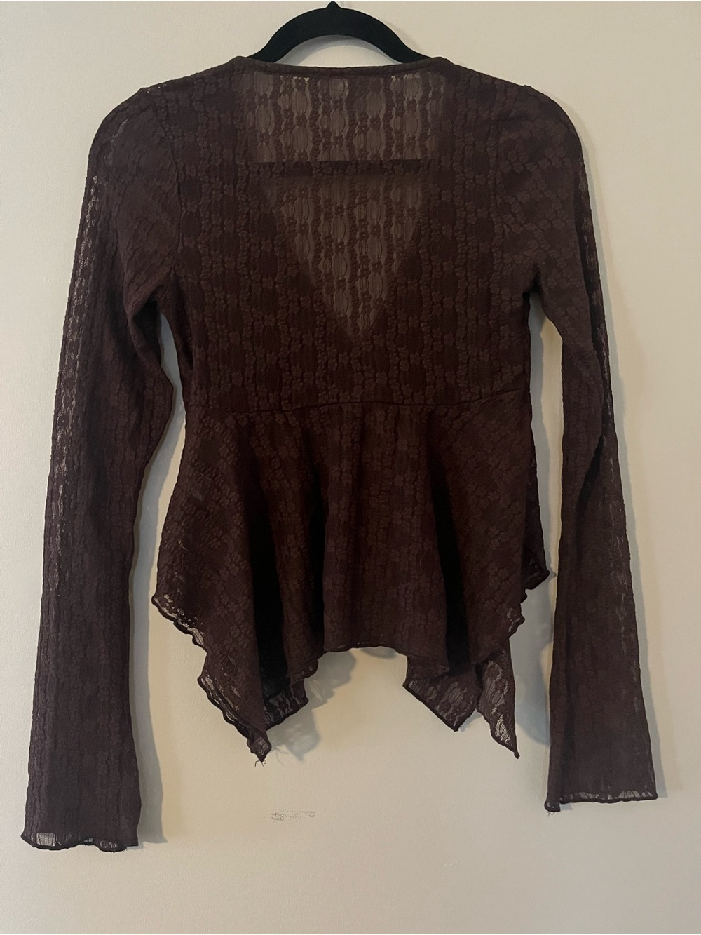 Brown Sheer Lace Tie Front Babydoll Top Small Coquette Handkerchief Hem Romantic - Picture 5 of 6